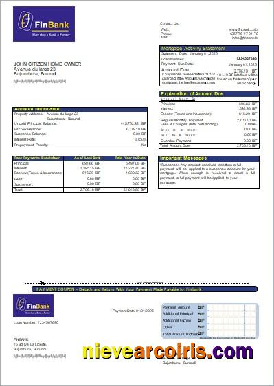 Burundi Finbank bank mortgage statement